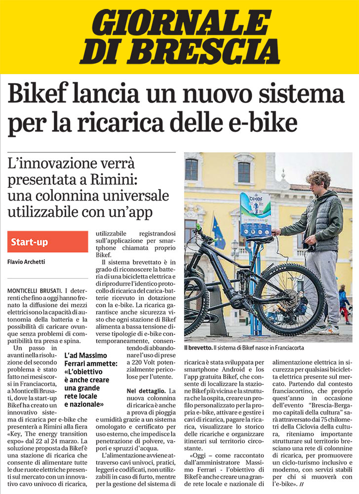 Giornale di Brescia: Bikef lancia un nuovo sistema per la ricarica delle e-bike