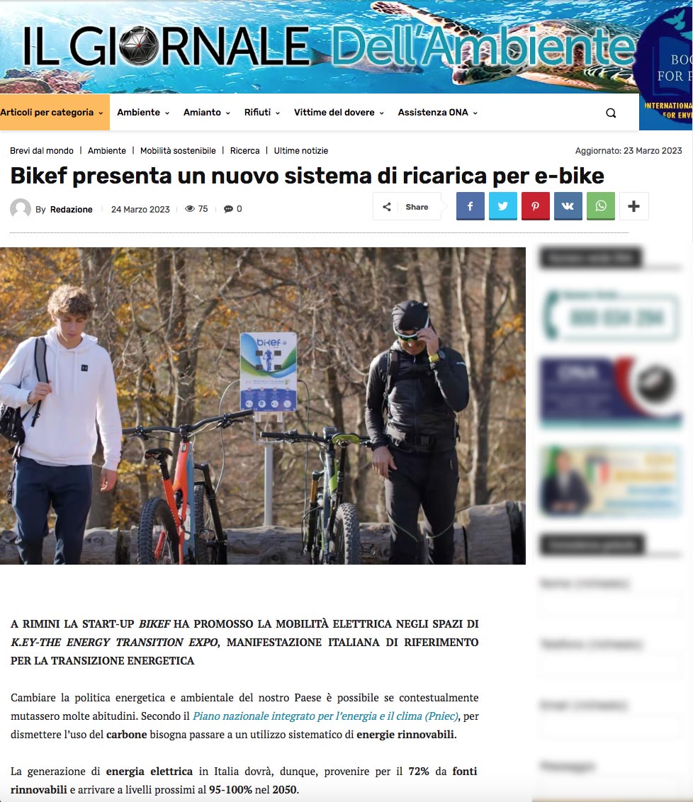 Il Giornale dell’Ambiente: Bikef presenta un nuovo sistema di ricarica per e-bike